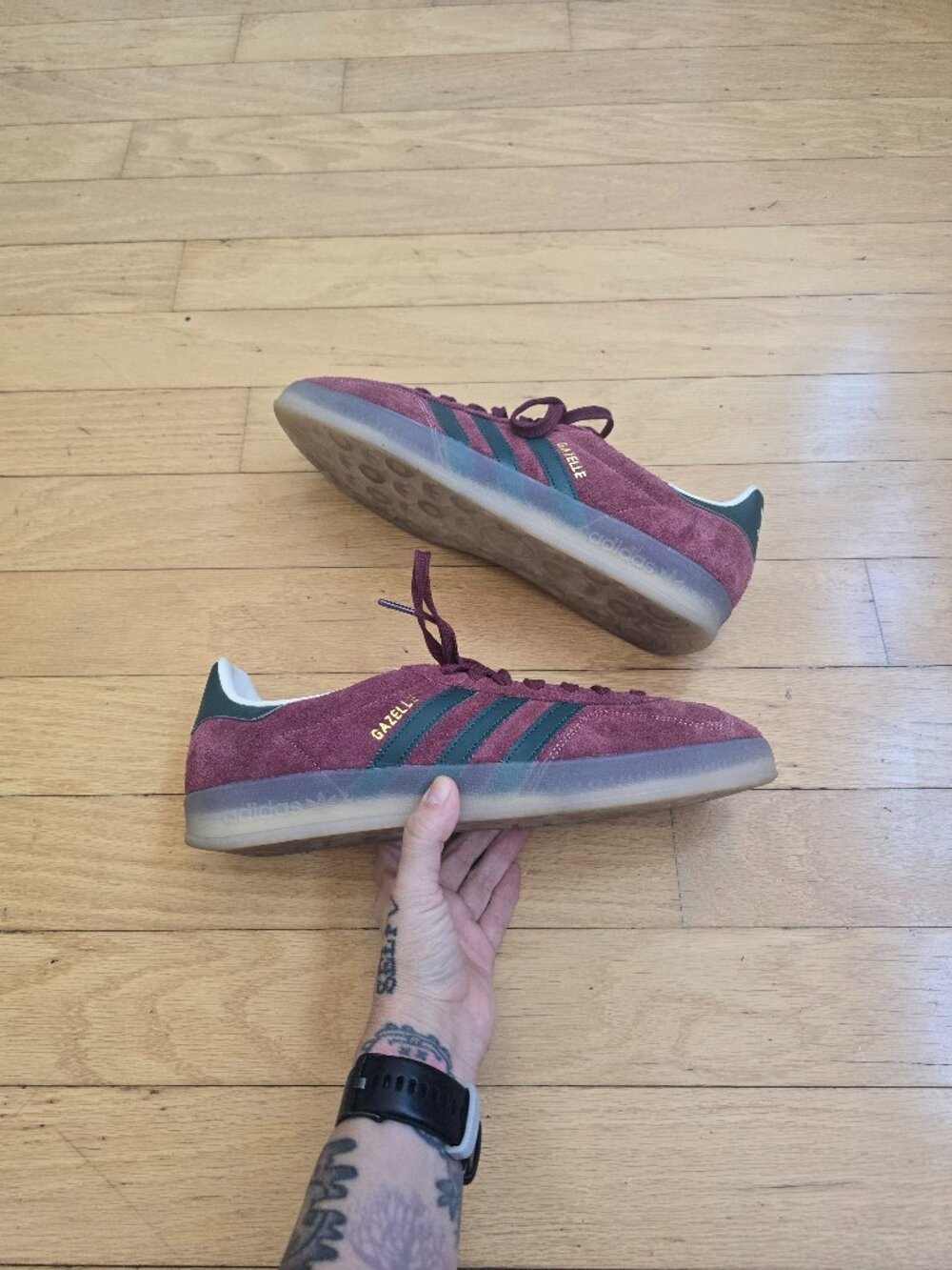 adidas | Gazelle Indoor Maroon Dark Green Suede Sporty Sneakers | Men's 11.5